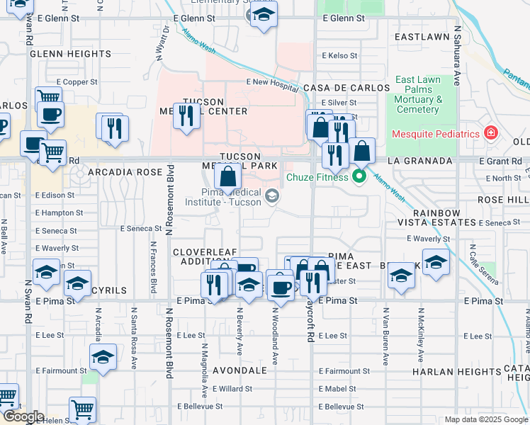 map of restaurants, bars, coffee shops, grocery stores, and more near 2120 North Beverly Avenue in Tucson