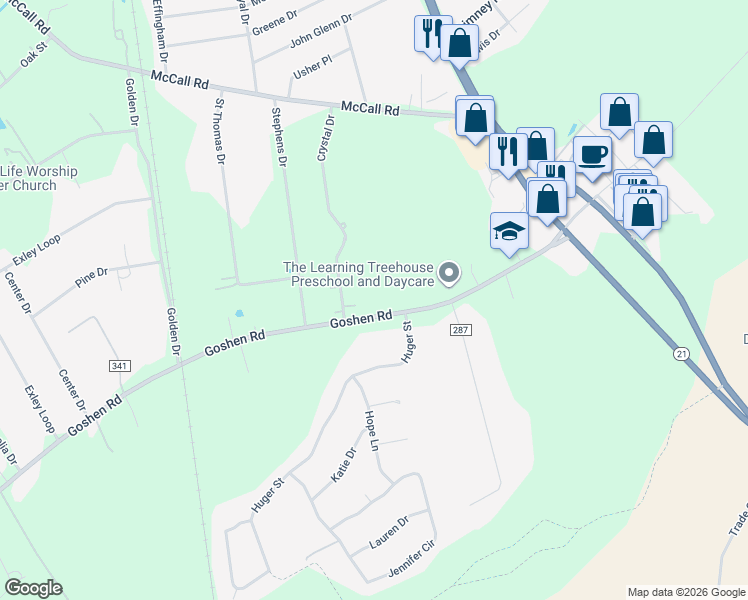 map of restaurants, bars, coffee shops, grocery stores, and more near 376 Goshen Road in Rincon
