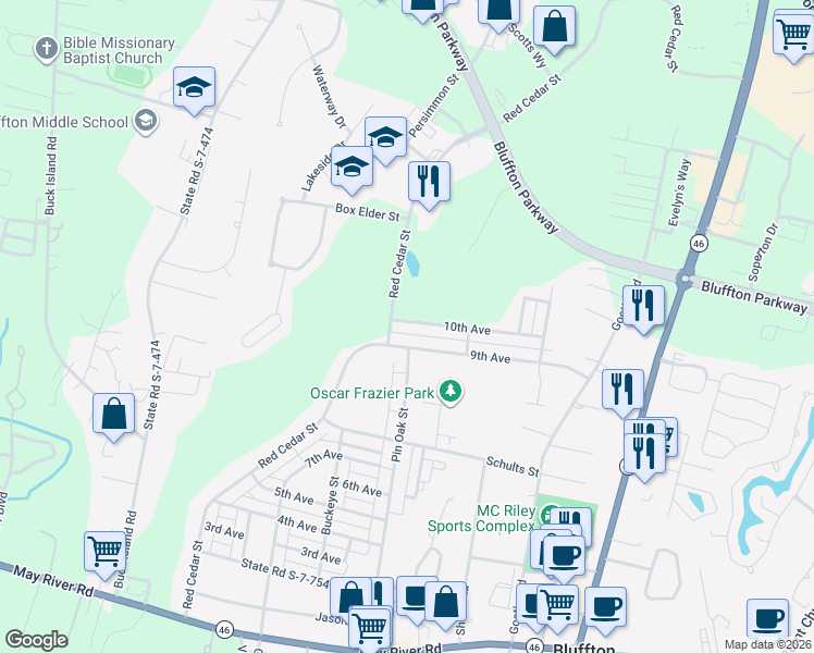 map of restaurants, bars, coffee shops, grocery stores, and more near 129 10th Avenue in Bluffton