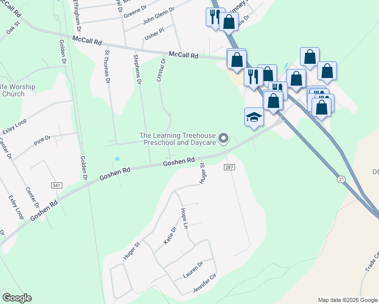 map of restaurants, bars, coffee shops, grocery stores, and more near 376 Goshen Road in Rincon