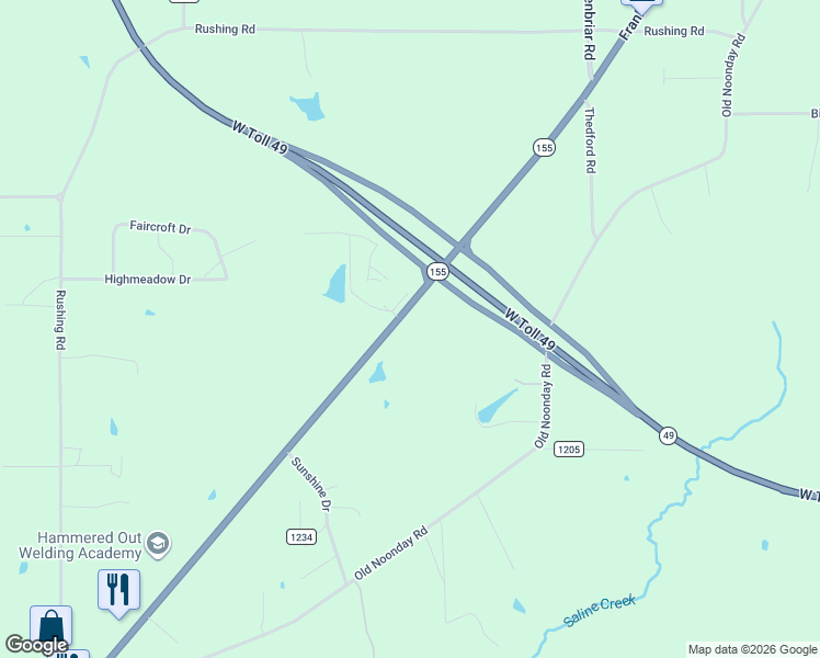 map of restaurants, bars, coffee shops, grocery stores, and more near 15971 Texas 155 in Tyler