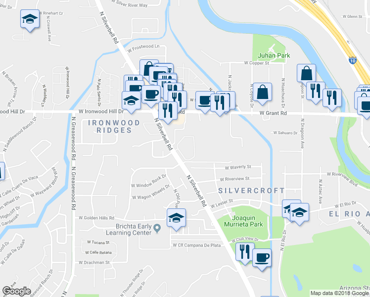 map of restaurants, bars, coffee shops, grocery stores, and more near 2120 North Silverbell Road in Tucson