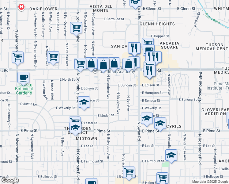 map of restaurants, bars, coffee shops, grocery stores, and more near 2218 North Belvedere Avenue in Tucson