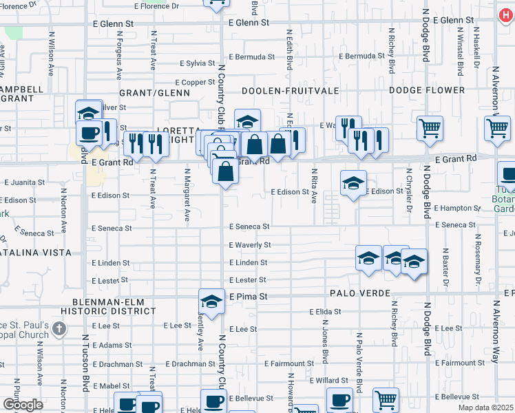 map of restaurants, bars, coffee shops, grocery stores, and more near 3100 East Edison Street in Tucson