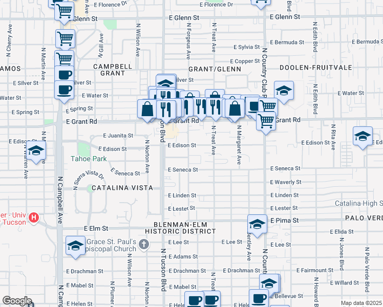 map of restaurants, bars, coffee shops, grocery stores, and more near 2628 East Edison Street in Tucson