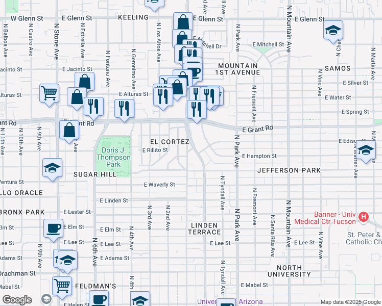 map of restaurants, bars, coffee shops, grocery stores, and more near 2245 North 1st Avenue in Tucson