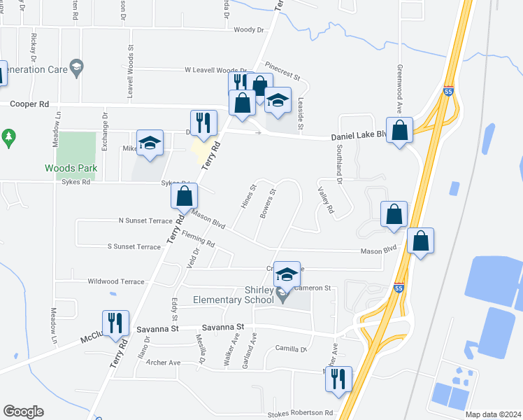 map of restaurants, bars, coffee shops, grocery stores, and more near 3557 Bowers Street in Jackson
