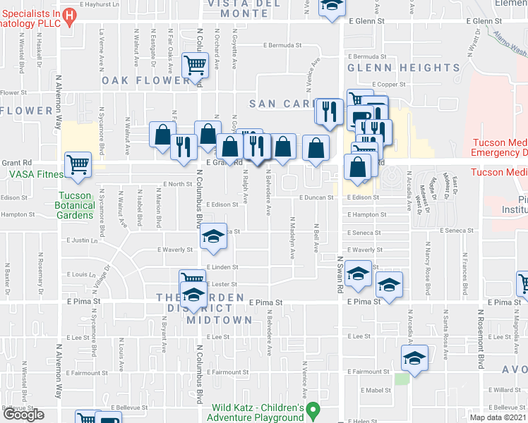 map of restaurants, bars, coffee shops, grocery stores, and more near 2137 North Belvedere Avenue in Tucson