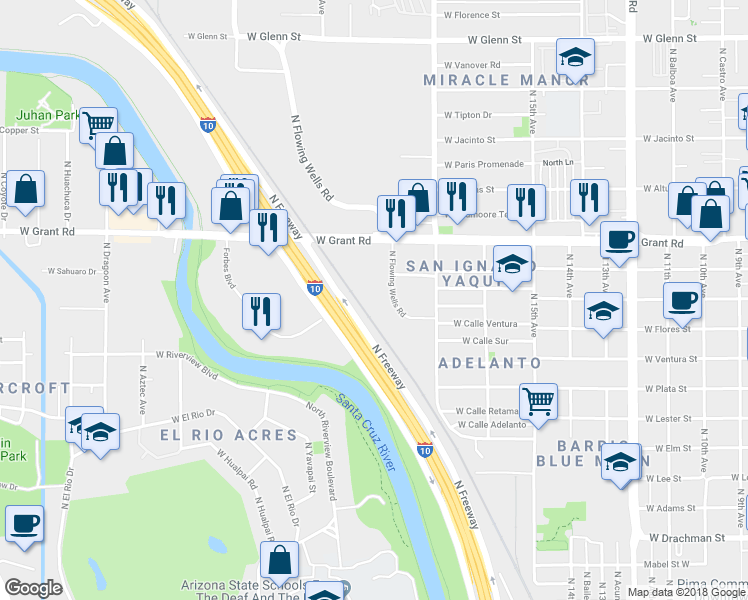 map of restaurants, bars, coffee shops, grocery stores, and more near 1065 West Grant Road in Tucson