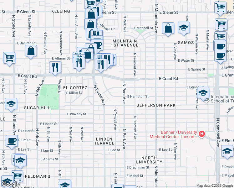 map of restaurants, bars, coffee shops, grocery stores, and more near 932 East Edison Street in Tucson