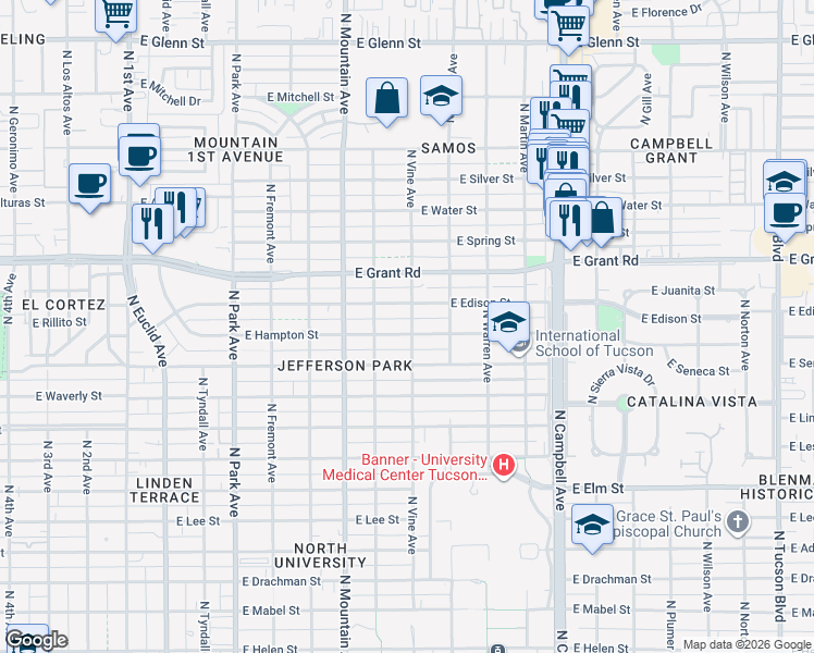 map of restaurants, bars, coffee shops, grocery stores, and more near 1487 East Hampton Street in Tucson