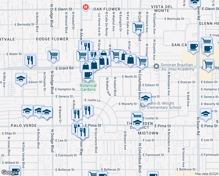 map of restaurants, bars, coffee shops, grocery stores, and more near 2146 North Walnut Avenue in Tucson