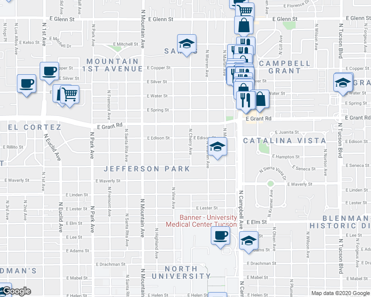 map of restaurants, bars, coffee shops, grocery stores, and more near 1532 East Edison Street in Tucson