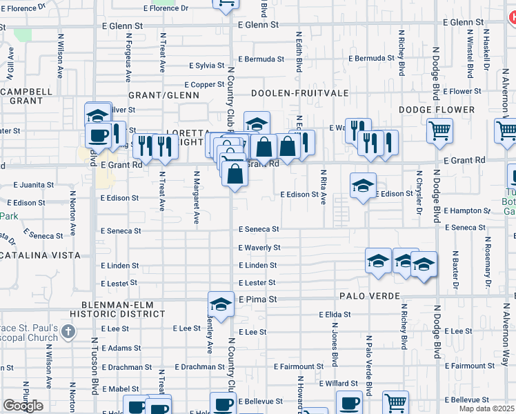 map of restaurants, bars, coffee shops, grocery stores, and more near 3201 East Seneca Street in Tucson