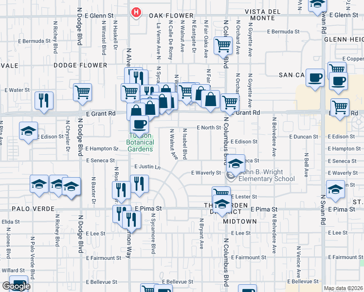map of restaurants, bars, coffee shops, grocery stores, and more near 2204 North Walnut Avenue in Tucson