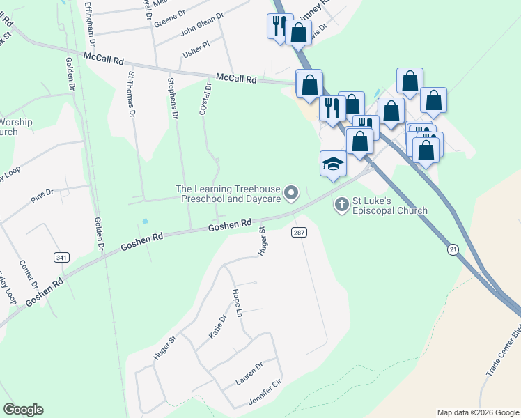 map of restaurants, bars, coffee shops, grocery stores, and more near 334 Goshen Road in Rincon