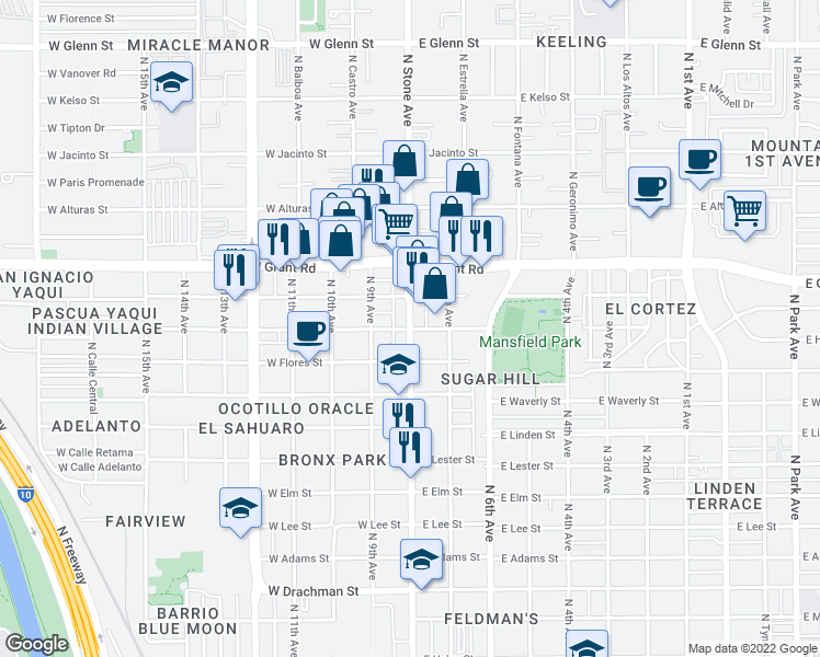 map of restaurants, bars, coffee shops, grocery stores, and more near N Stone Ave & E Rillito St in Tucson