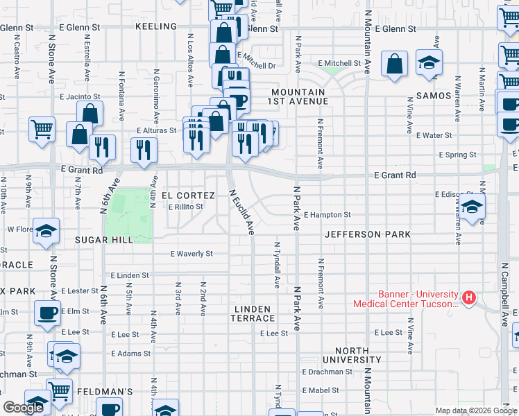 map of restaurants, bars, coffee shops, grocery stores, and more near 2301 North Hampton Street in Tucson
