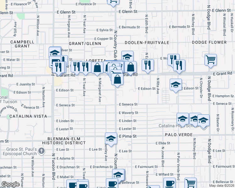 map of restaurants, bars, coffee shops, grocery stores, and more near 2152 North Country Club Road in Tucson