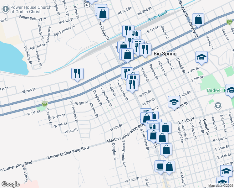 map of restaurants, bars, coffee shops, grocery stores, and more near 401-499 West 5th Street in Big Spring