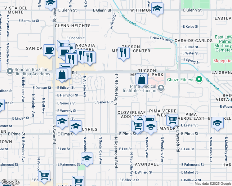 map of restaurants, bars, coffee shops, grocery stores, and more near 2221 North Rosemont Boulevard in Tucson