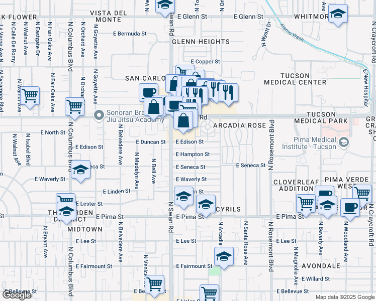 map of restaurants, bars, coffee shops, grocery stores, and more near 4802 East Edison Street in Tucson
