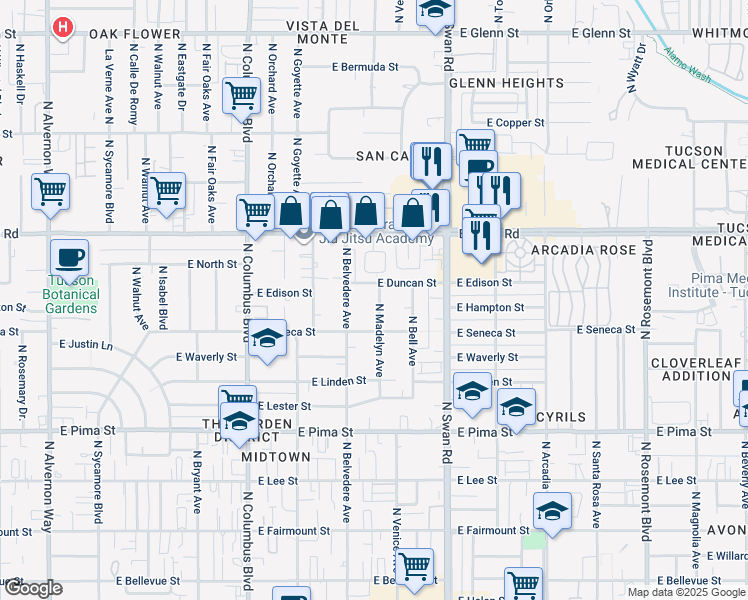 map of restaurants, bars, coffee shops, grocery stores, and more near 2218 North Belvedere Avenue in Tucson