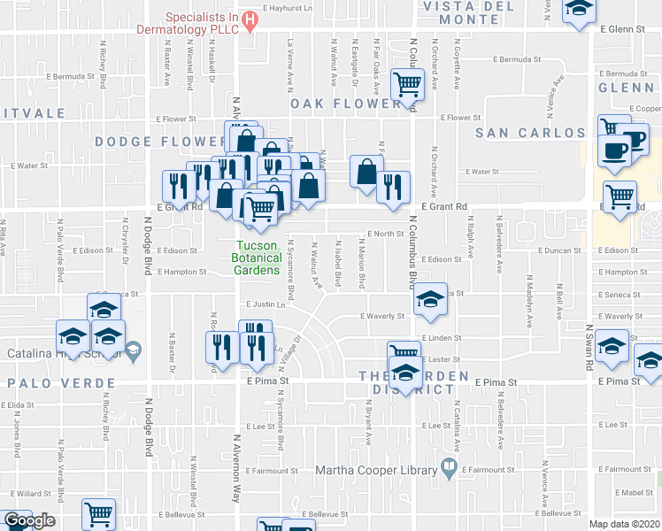map of restaurants, bars, coffee shops, grocery stores, and more near 2204 North Walnut Avenue in Tucson