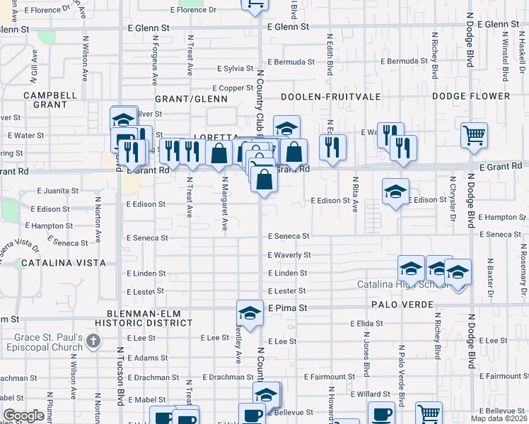 map of restaurants, bars, coffee shops, grocery stores, and more near 2152 North Country Club Road in Tucson