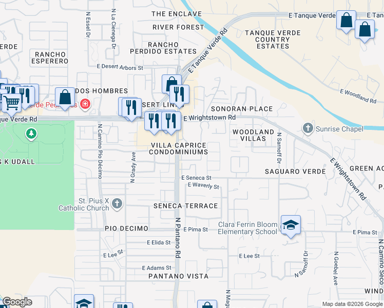 map of restaurants, bars, coffee shops, grocery stores, and more near 2160 North Pantano Road in Tucson