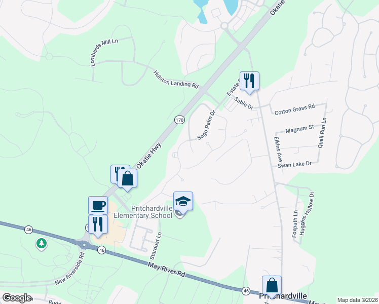 map of restaurants, bars, coffee shops, grocery stores, and more near 12 Lakeland Court in Bluffton