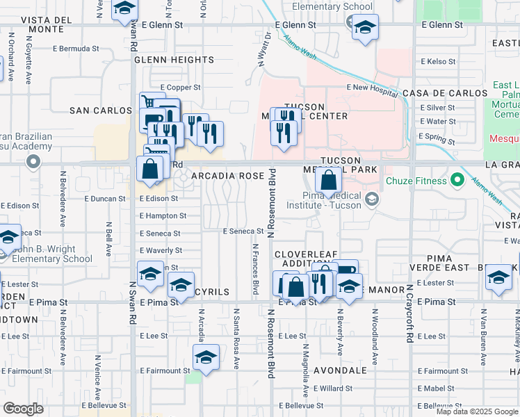 map of restaurants, bars, coffee shops, grocery stores, and more near 2221 North Rosemont Boulevard in Tucson