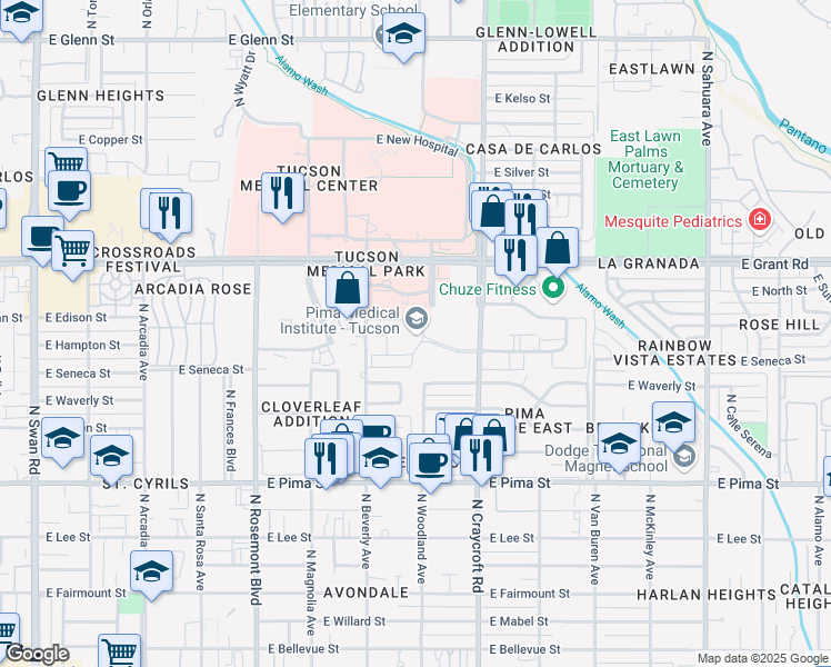 map of restaurants, bars, coffee shops, grocery stores, and more near 2120 North Beverly Avenue in Tucson