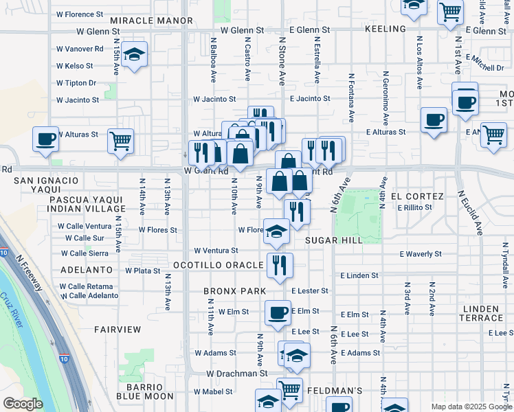 map of restaurants, bars, coffee shops, grocery stores, and more near 32 West Rillito Street in Tucson