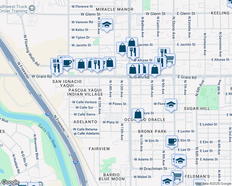 map of restaurants, bars, coffee shops, grocery stores, and more near 2234 North 13th Avenue in Tucson
