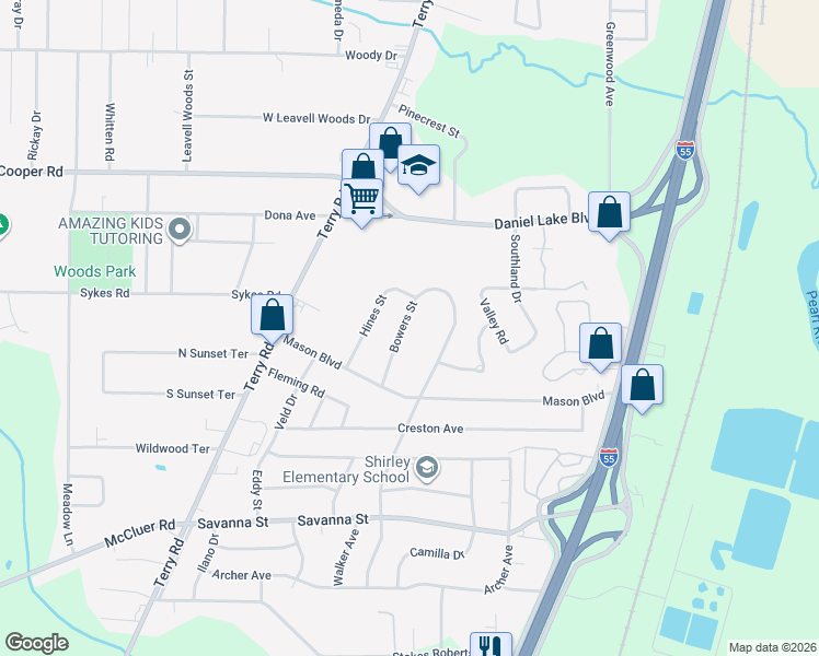 map of restaurants, bars, coffee shops, grocery stores, and more near 3520 Bowers Street in Jackson