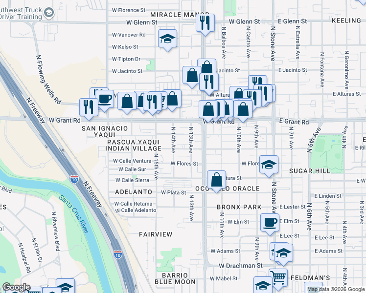 map of restaurants, bars, coffee shops, grocery stores, and more near 2234 North 13th Avenue in Tucson
