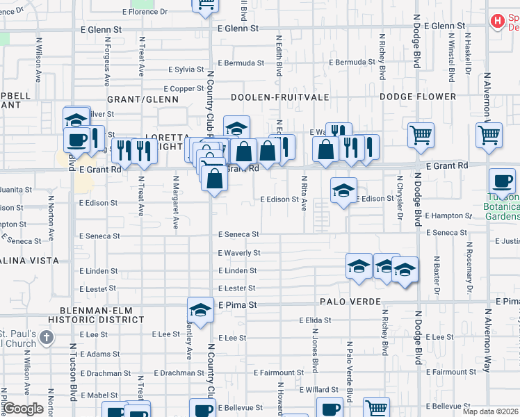 map of restaurants, bars, coffee shops, grocery stores, and more near 2153 North Edison Terrace in Tucson