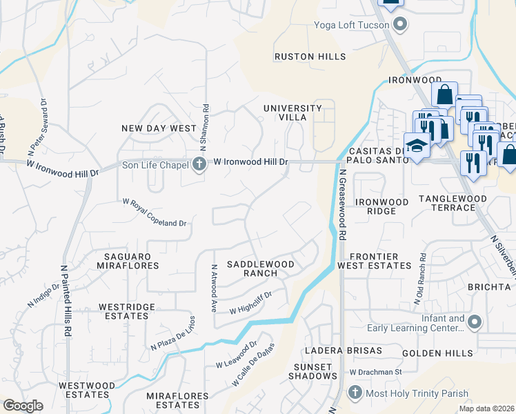 map of restaurants, bars, coffee shops, grocery stores, and more near 2184 North Saddlewood Ranch Drive in Tucson