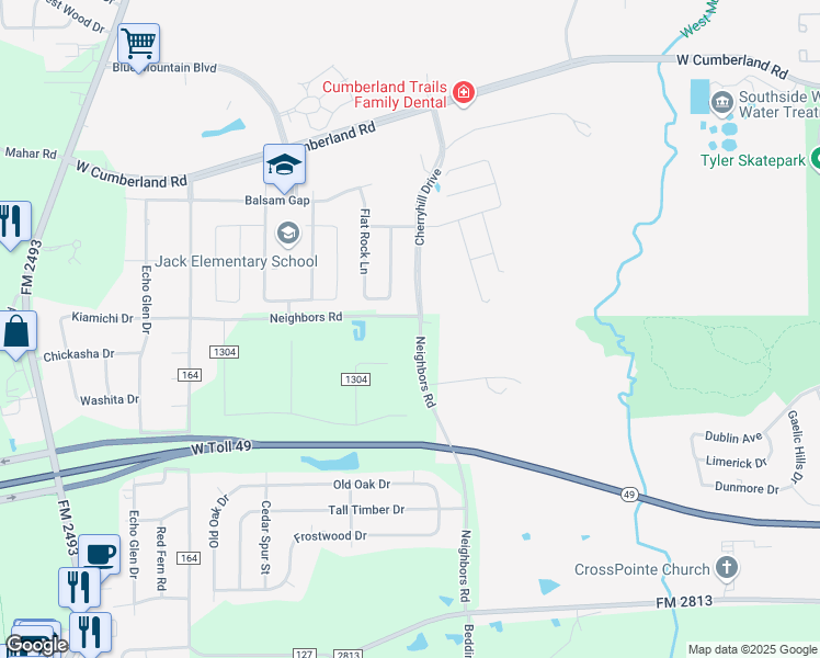 map of restaurants, bars, coffee shops, grocery stores, and more near 15994 Neighbors Road in Tyler