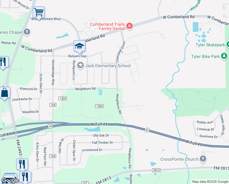 map of restaurants, bars, coffee shops, grocery stores, and more near 15990 Neighbors Road in Tyler