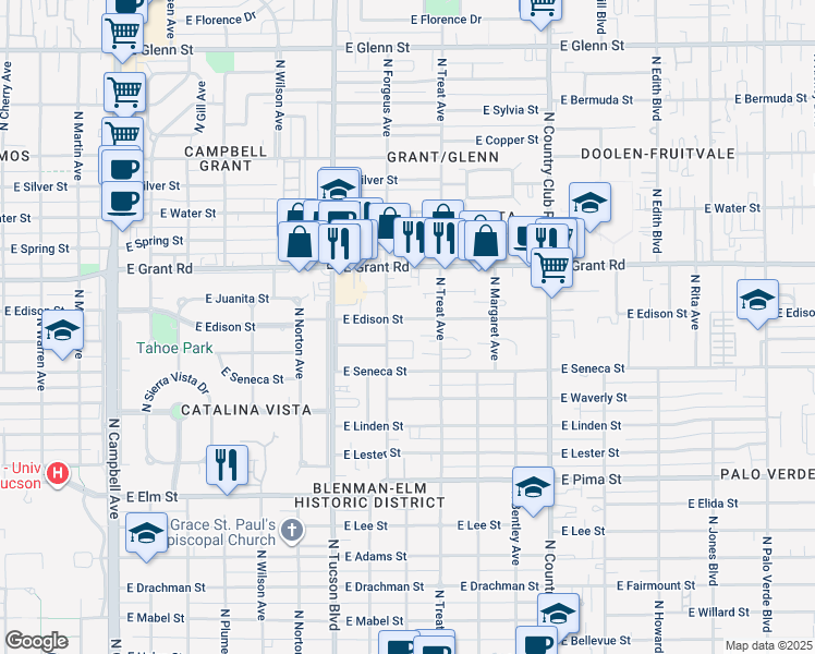 map of restaurants, bars, coffee shops, grocery stores, and more near 2628 East Edison Street in Tucson
