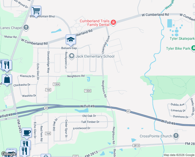 map of restaurants, bars, coffee shops, grocery stores, and more near 15990 Neighbors Road in Tyler