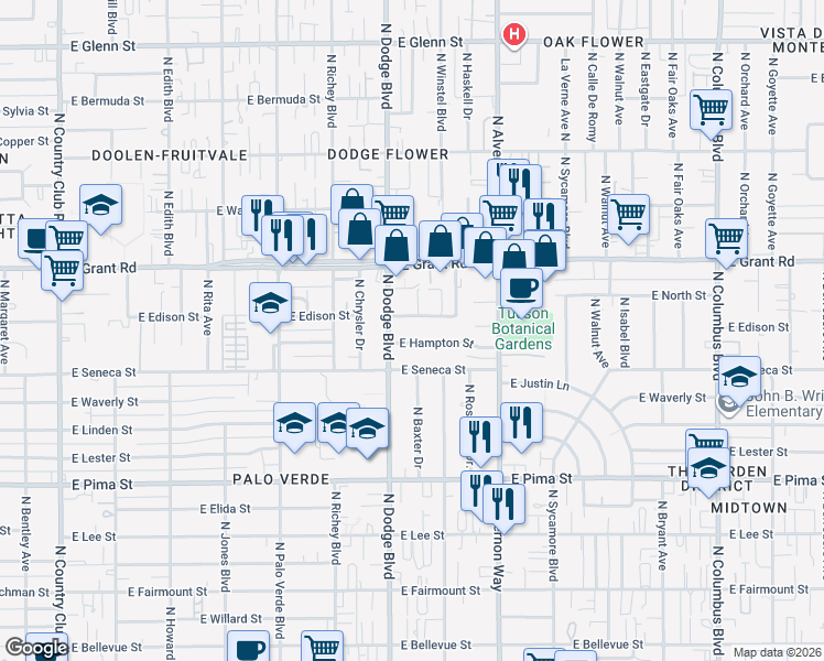 map of restaurants, bars, coffee shops, grocery stores, and more near 3734 East Edison Street in Tucson
