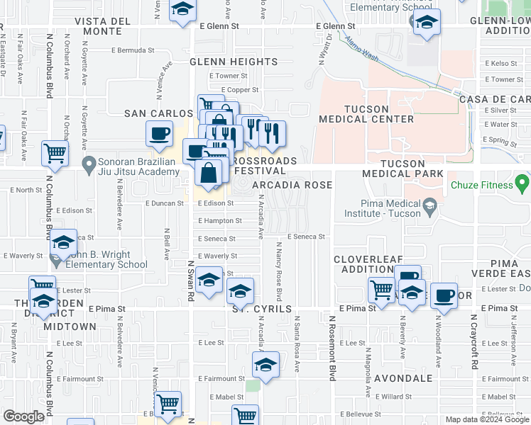 map of restaurants, bars, coffee shops, grocery stores, and more near 21 Farwest Drive in Tucson