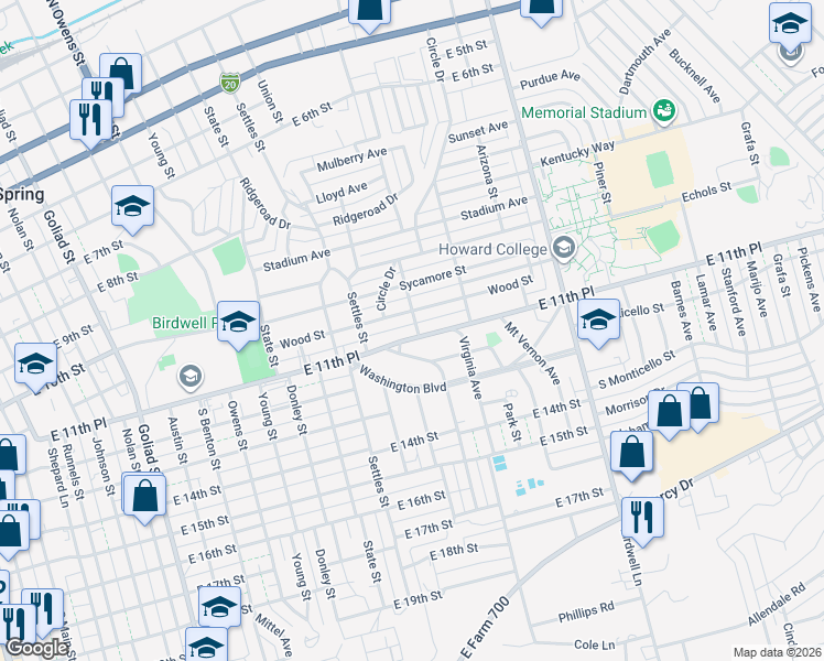 map of restaurants, bars, coffee shops, grocery stores, and more near 1319 East 11th Place in Big Spring
