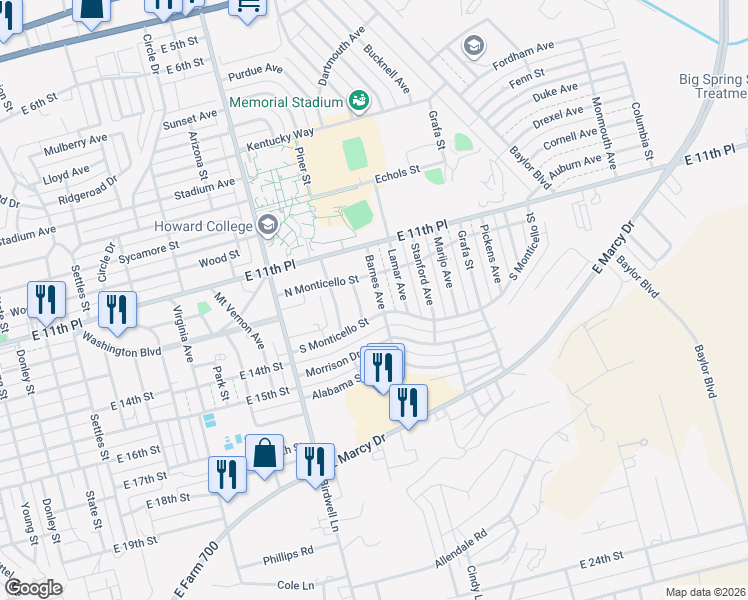 map of restaurants, bars, coffee shops, grocery stores, and more near 1202-1306 Barnes Avenue in Big Spring