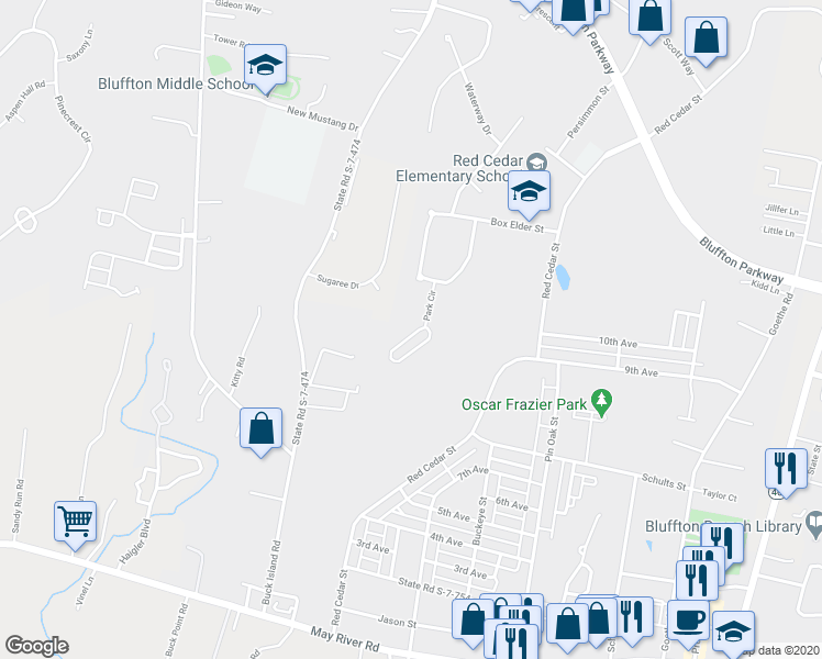 map of restaurants, bars, coffee shops, grocery stores, and more near 18 Park Circle in Bluffton