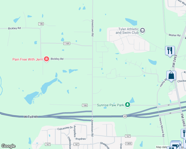 map of restaurants, bars, coffee shops, grocery stores, and more near 15813 Jonestown Road in Tyler