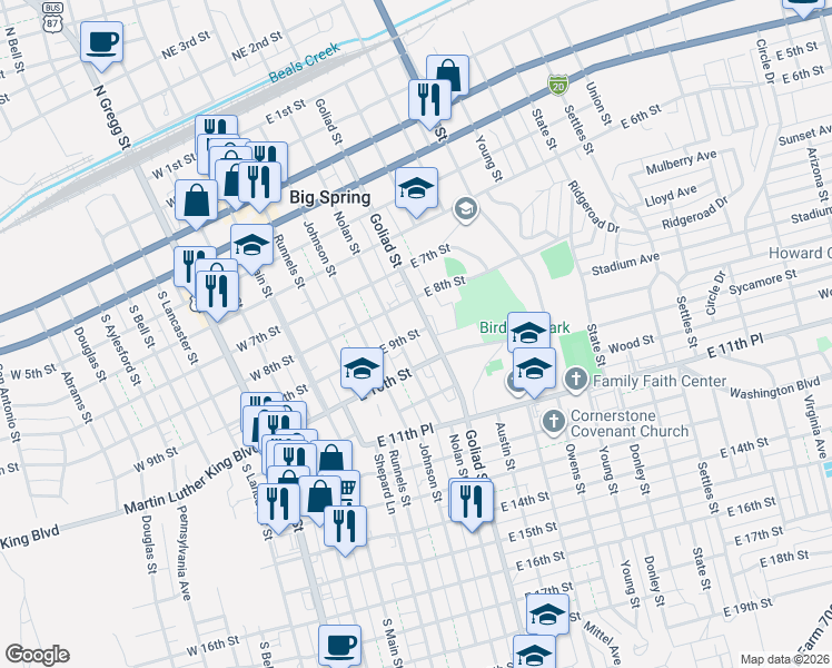 map of restaurants, bars, coffee shops, grocery stores, and more near 911 Goliad Street in Big Spring